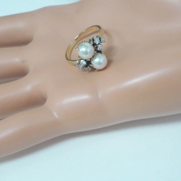 Estate 14K Akoya Pearls Diamond Ring Size 6 - Picture 9 of 12